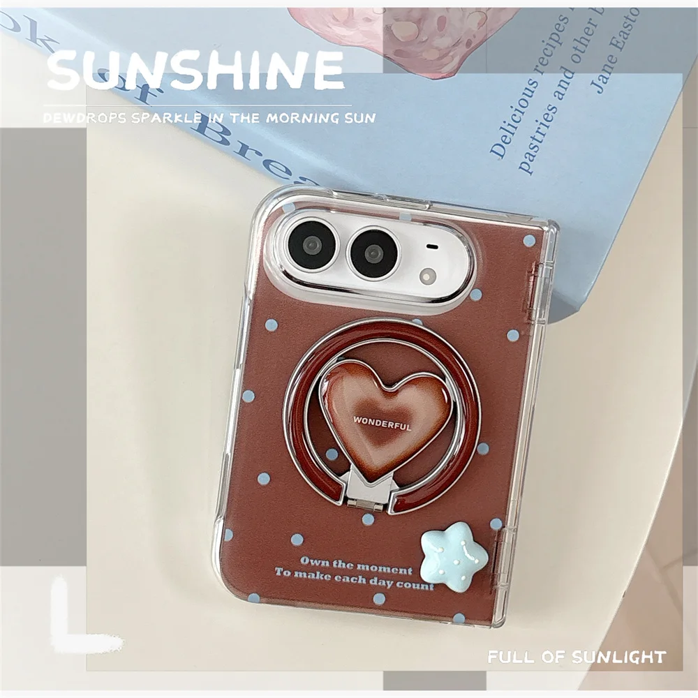 Korean Cute ins brown Dots Folding Phone Case For iPhone Duo With Magnetic Love Stand 3D Stars Shockproof cases For Magsafe