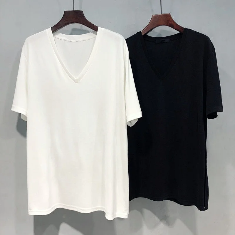 

plus Size V-Neck Short Sleeve T-Shirt Women Summer Korean Style Loose Slimming Color Top Ultra Large Size Fashionable