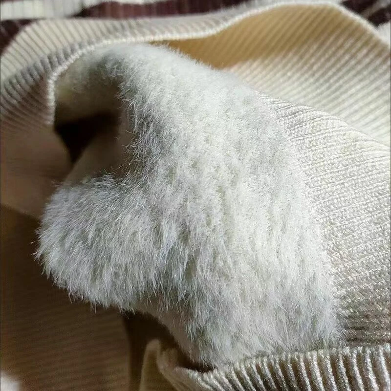 Fleece Lined Stripe Sweater Women Vintage Mock Neck Knitted Bottoming Pullover Autumn Winter Korean Long Sleeve Knitwear Jumper