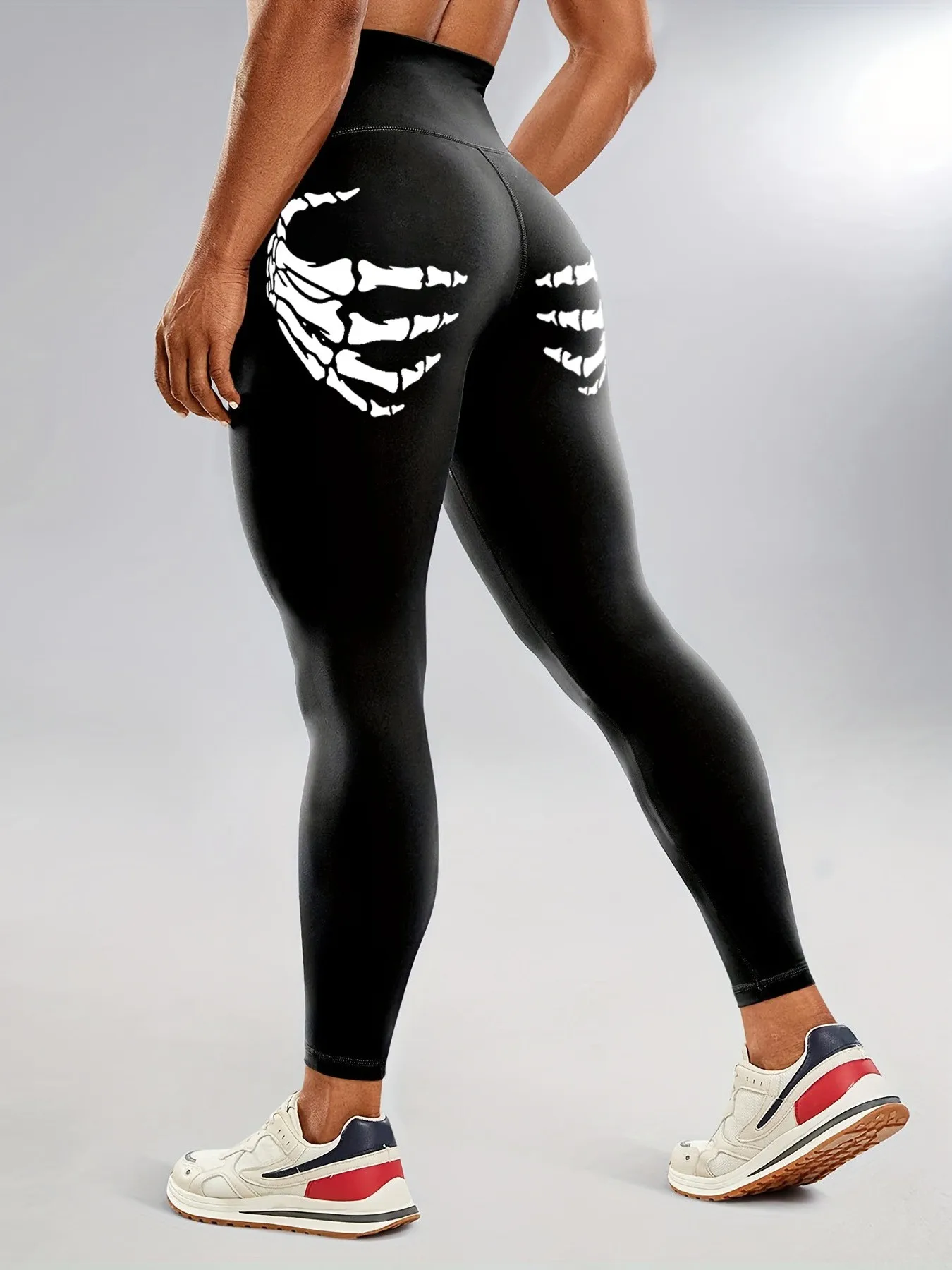 Halloween-Skeletthand Fluoreszierend Bedruckte Hochtaillierte Yoga-Hose Hochelastische Fitness-Strumpfhose – Detail 4
