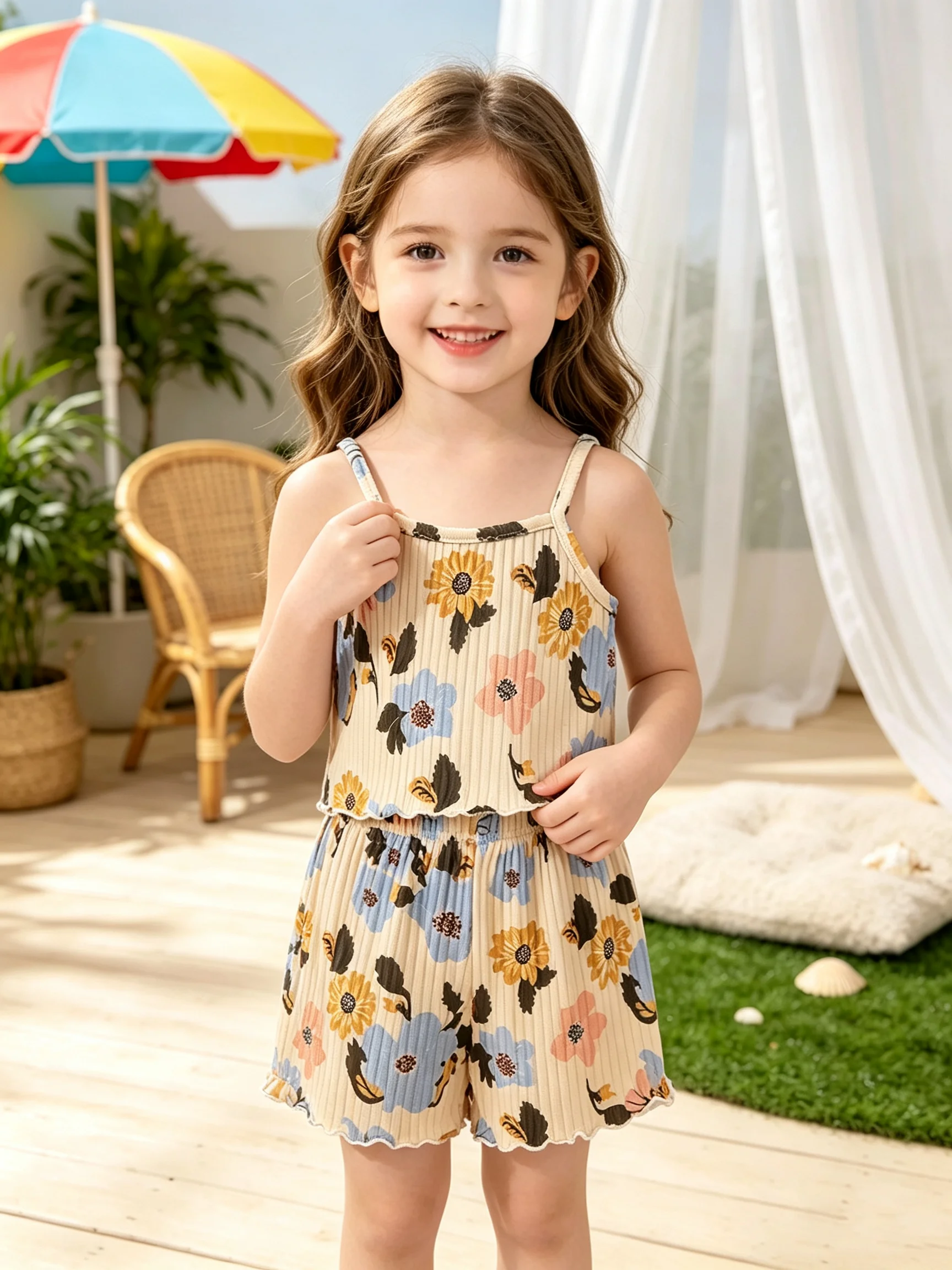 Girls' Sweet Summer Short-Sleeved Vest And Shorts Set Lovely Daily Travel Outfit for Kids