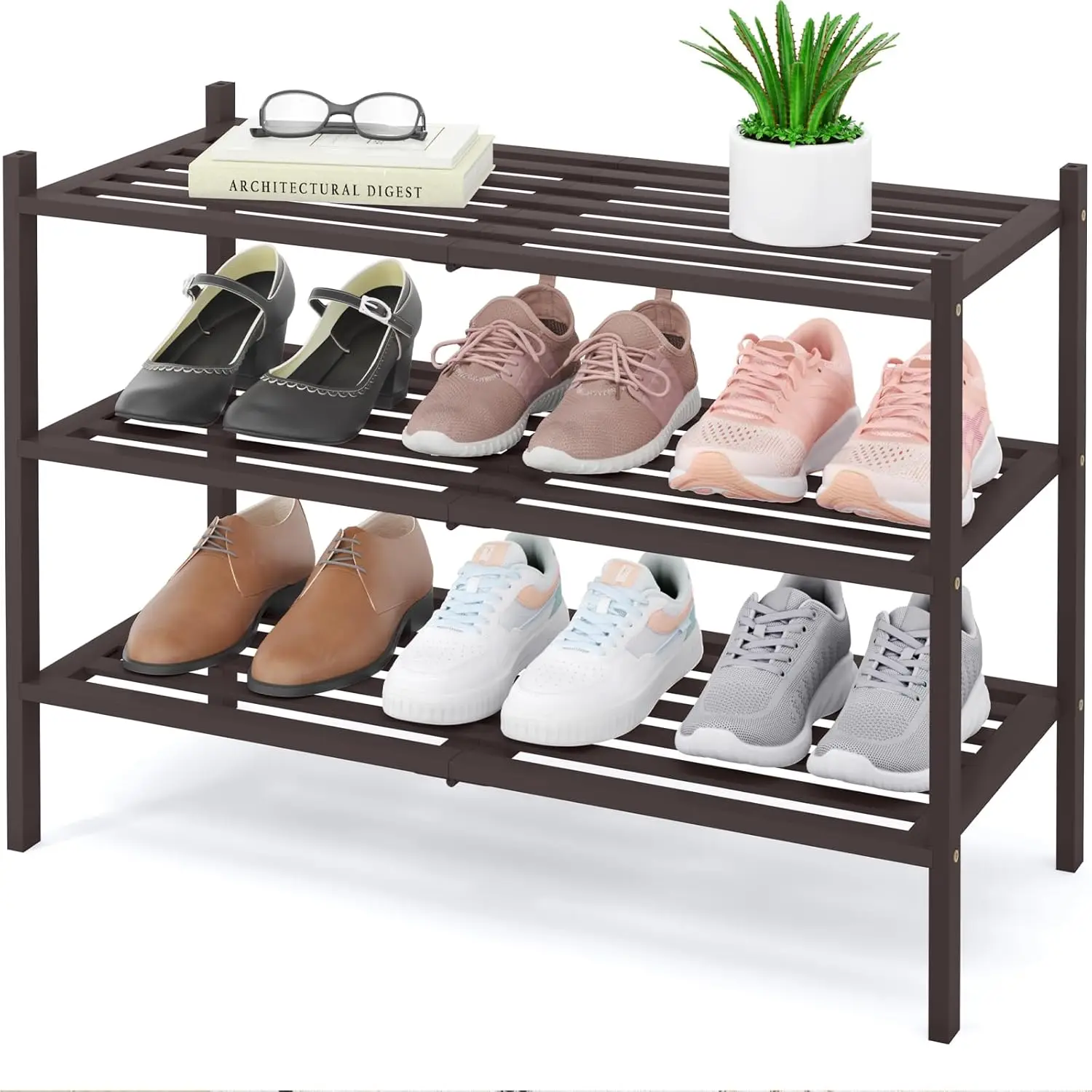 

Bamboo Shoe Rack 3-Tier, Stackable Wooden Shoe Organizer for Entryway & Closet, Free Standing Wood Shoe Storage Shelf f