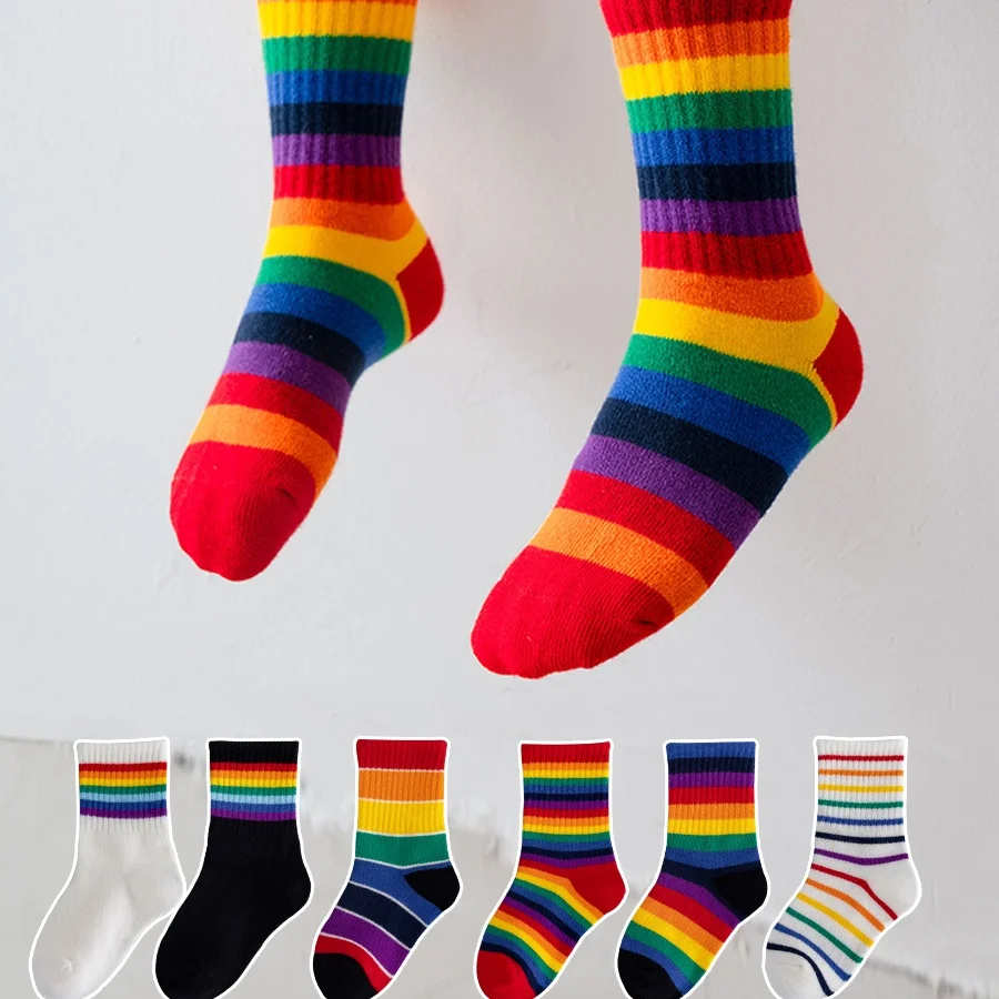 

Носки из чистого хлопка Rainbow для детей, мальчиков и девочек, осенне-зимние спортивные носки до середины икры, детские хлопковые длинные носки