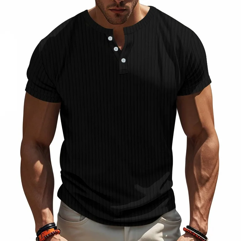 Summer Men's Fitness Leisure Sports Jacquard Pit Strip Quick-drying Breathable Henry Shirt Short Sleeve