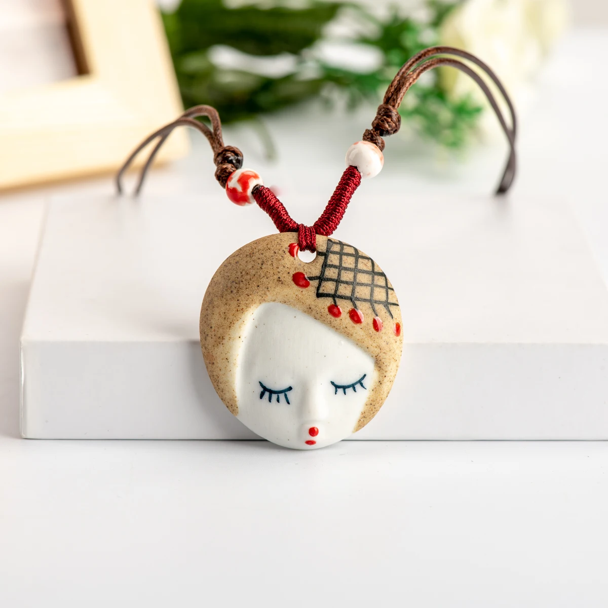 

China Ceramic Girl Face Pendant retro Necklaces & Pendants Chinese style Necklaces & Pendants #IY461