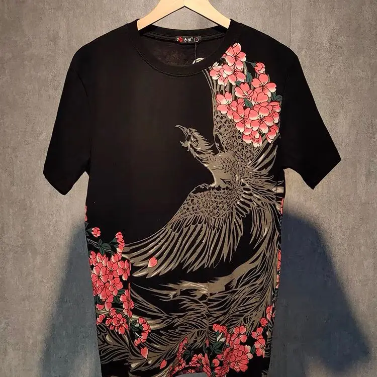 Japanese Style Yokosuka Embroidered T-shirt Chinese for Men Floral Short Sleeve Loose plus Size Artistic