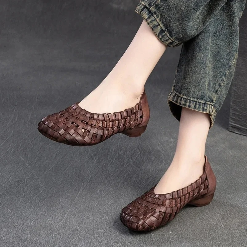 

2025 New Ethnic Handmade Weave Genuine Leather Oxfords Soft Soled Comfy Elegance Fashion Summer Women Slip on Ladies Shoes