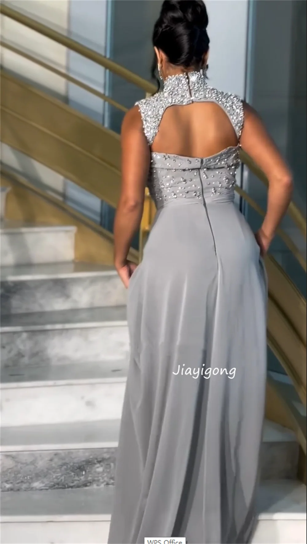 Customized Unisex Chiffon Pleat Sequined A-line High Collar Long Bespoke Occasion Evening Dresses Matching Sparkle
