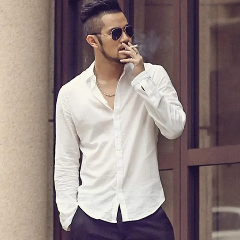 Men's Casual Lightweight Long Sleeve Linen Shirt Breathable Loose Fit Sun Protection Cotton Linen Shirt Slimming Design