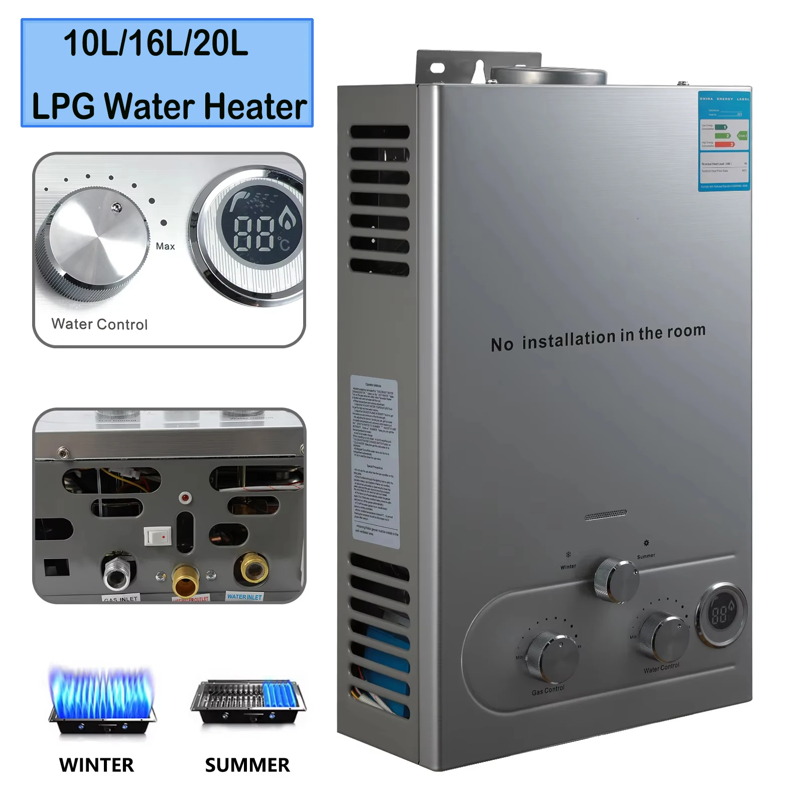 Chauffe-eau au gaz de pétrole liquéfié au Propane, 10/16/20l, Kit de chaudière en acier inoxydable pour l'extérieur, la maison et le Camping