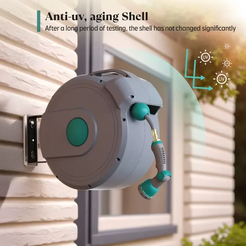 Retractable PVC Garden Hose Reel Wall Mount with Automatic Rewind, Spray Nozzle, 3/4 Inch Fitting, 1/2 Inch Hose