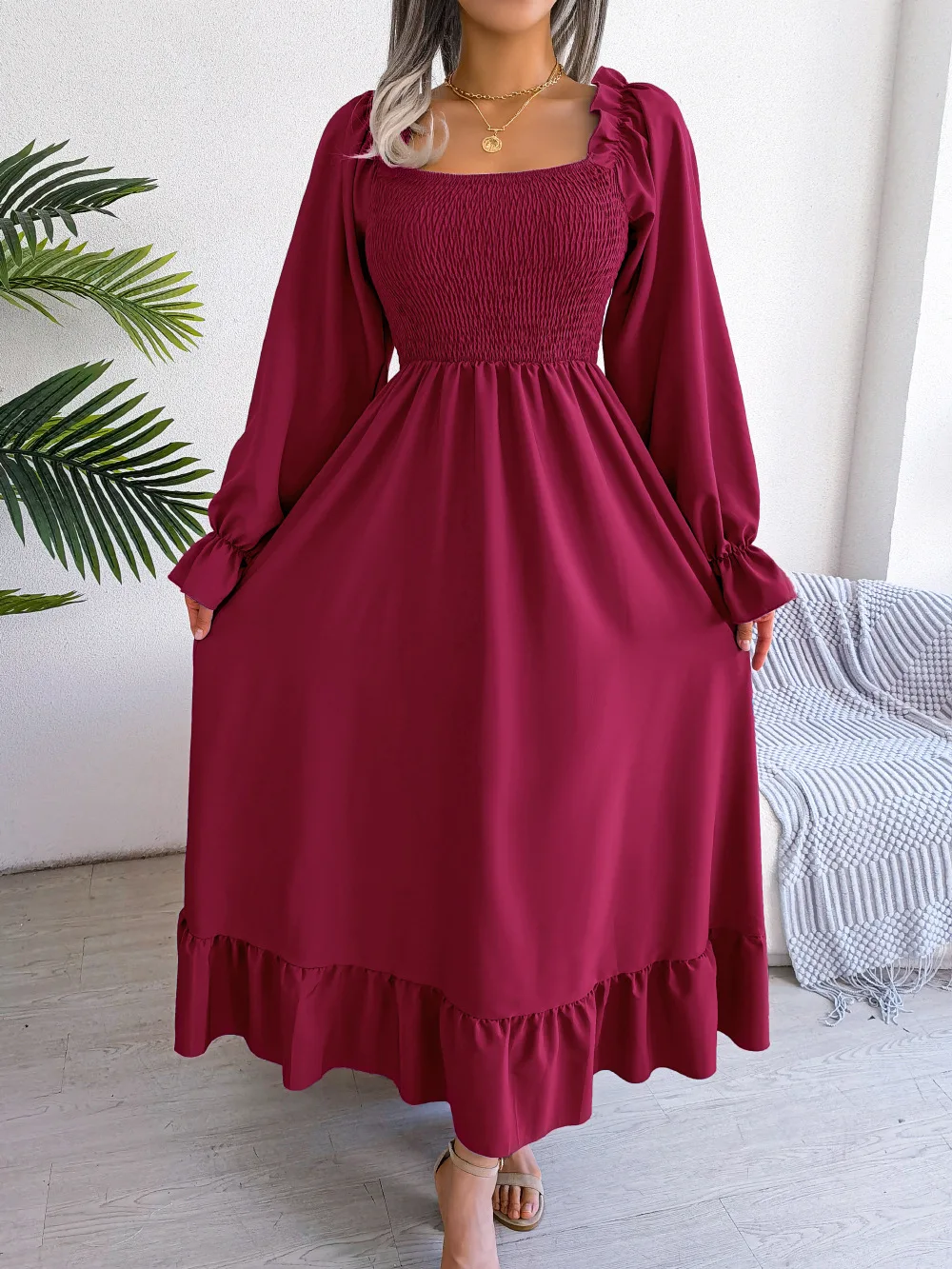 

Casual Women's Dress Spring Flared Long Sleeve Square Collar Slim High Waist Comfortable Fashion Solid Color Ladies Dress
