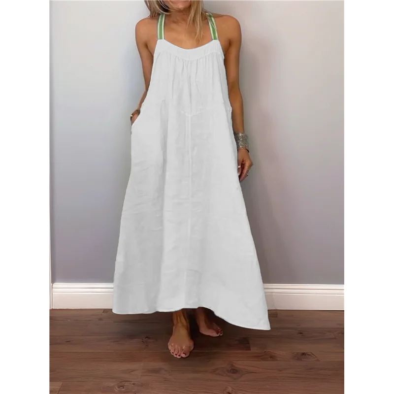 Women's Summer Cotton Maxi Dress Adjustable Spaghetti Strap Boho Casual Backless Ruffle Loose Fit Flowy Dress