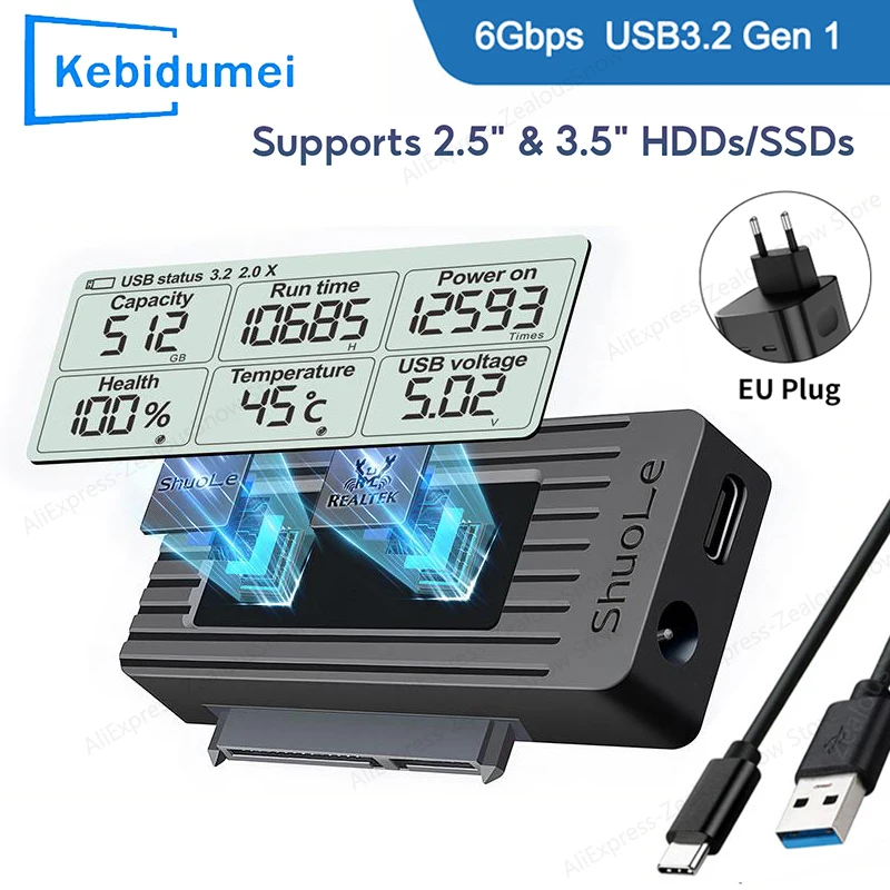 KEBIDUMEI USB to SATA Adapter Digital display Converter USB 3.2 3.0 to SATAIII Cable for 2.5/3.5 Inch SSD HDD Hard Drive Adapter