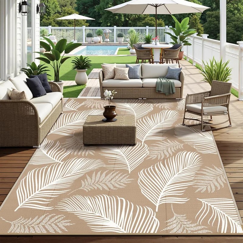 VIKAMA Tropical Palm Leaf Outdoor Rug Non Slip Waterproof Floor Mat for Terrace Balcony Poolside Camping Living Room Home Decor