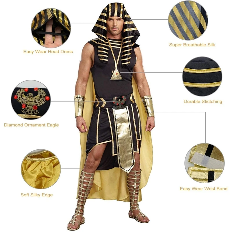 HEZIOWYUN Men Egyptian Costume Set 7 Pcs Golden Trim Tank Tops Skirt Arm Sleeves Headwear Necklace Halloween Cosplay Outfits