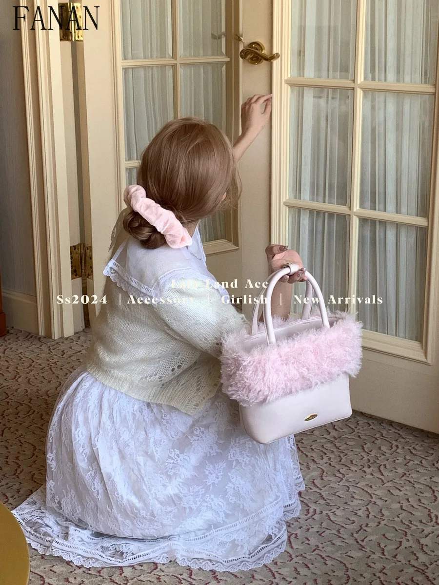 

Japanese Sweet Girl Cute Furry Sweet Fashion Splicing Shoulder Messenger Handbags for Women Versatile Feathers Top-Handle Bags