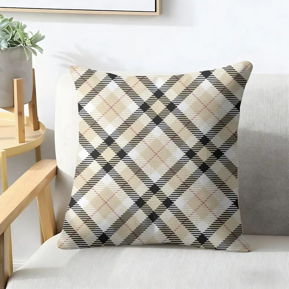 Fashionable Check Stripe Cushion Cover Natural Linen Organic Fabric Double-Sided Printing Breathable For Decor