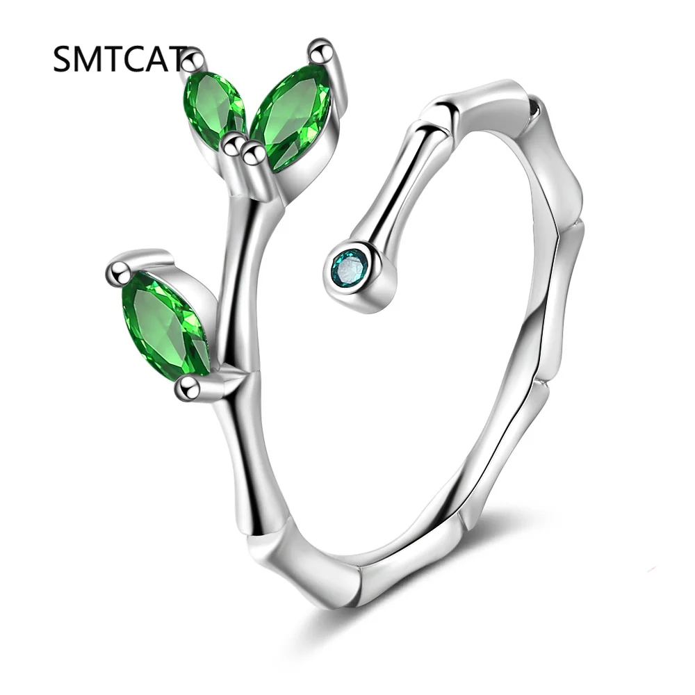 Leaves Green Simulated Nano Emerald 925 Sterling Silver Bamboo Joint Open Adjustable Ring for Women Statement Gemstone Jewelry