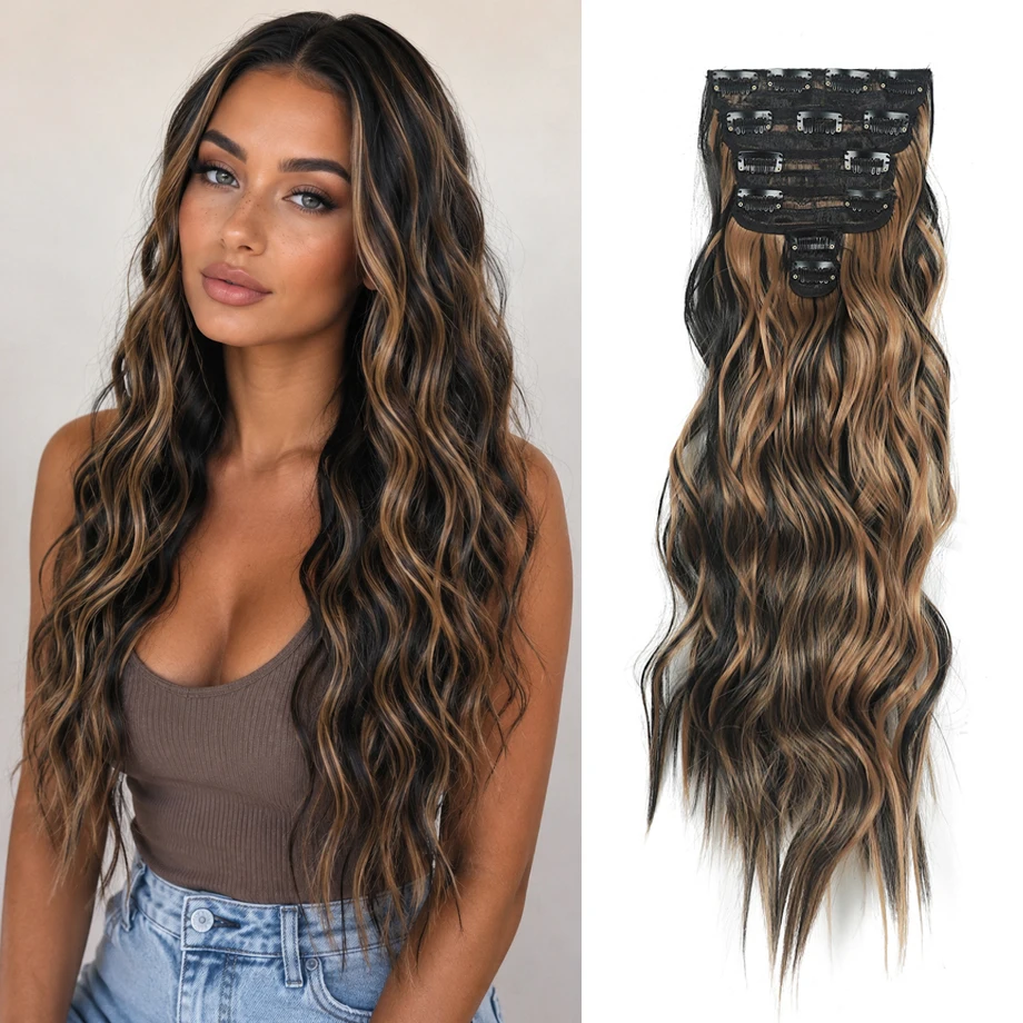 6PCS Clip in Hair Extensions Honey Blonde Mixed Light Brown 24 Inch Long Water Wavy Synthetic Hair Extensions For Women Use