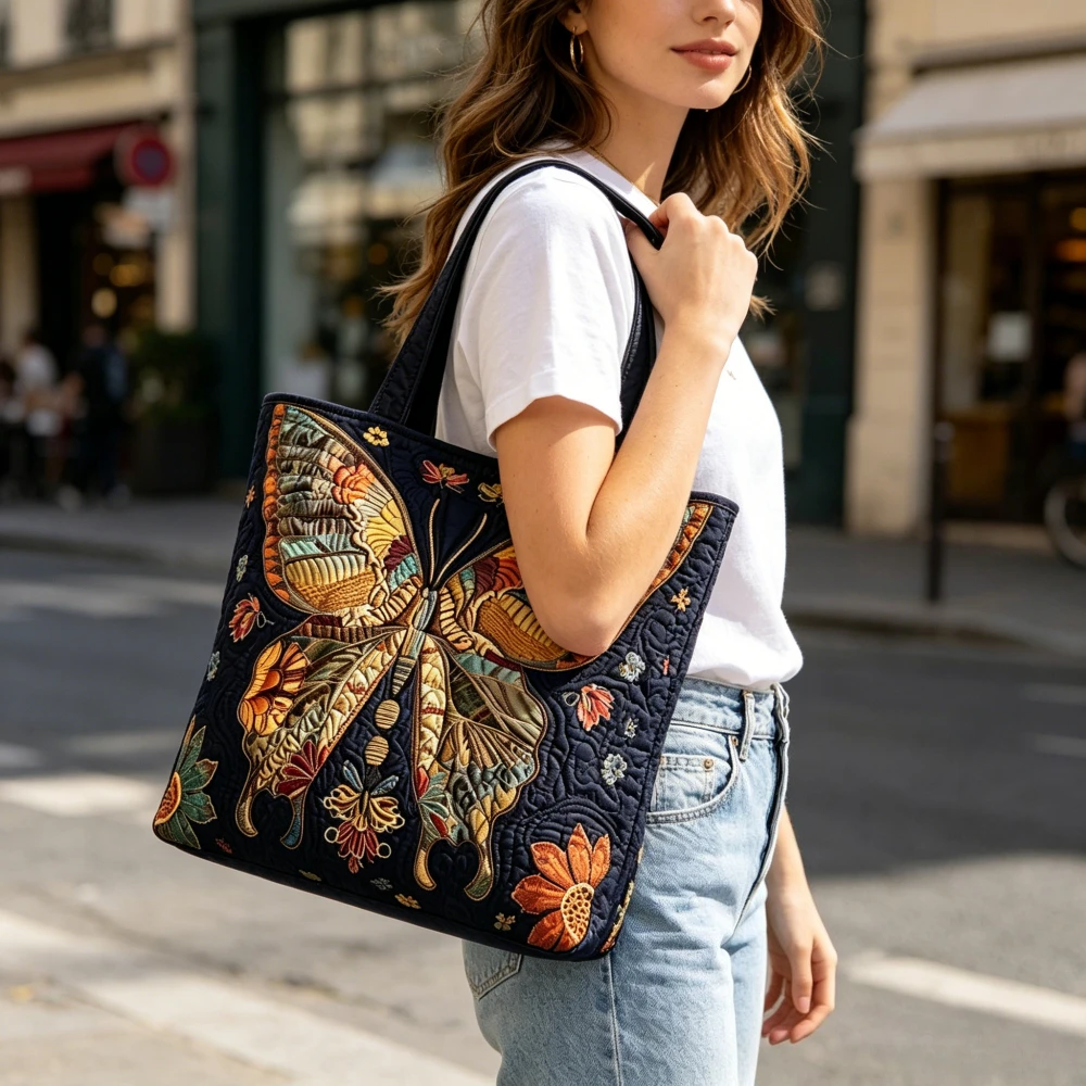 

3D Quilted Tote Bag for Women Shoulder Bag Vintage Floral Butterfly Hummingbird Print Casual Work Casual Travel Shopping Bag