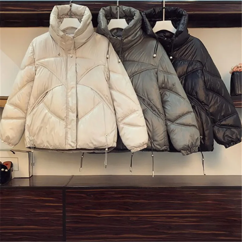 Winter Down Cotton-Padded Jacket Women 2023 New Fashion Stand-Up Collar Coat Pure Colour Concealed Zipper Outerwear Female