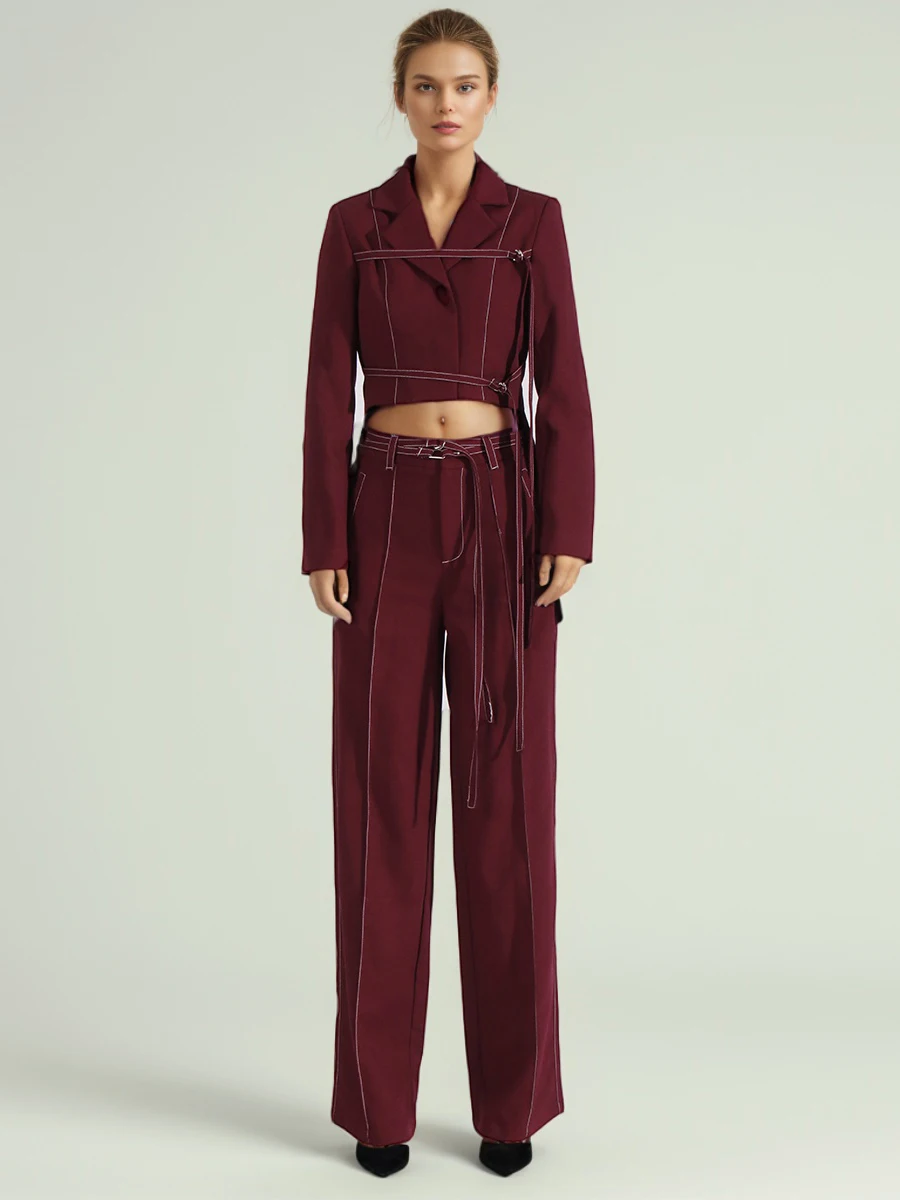 Burgundy Two Piece Set For Women Notched Collar Long Sleeve Top High Waist Straight Pant Temperament Sets Female