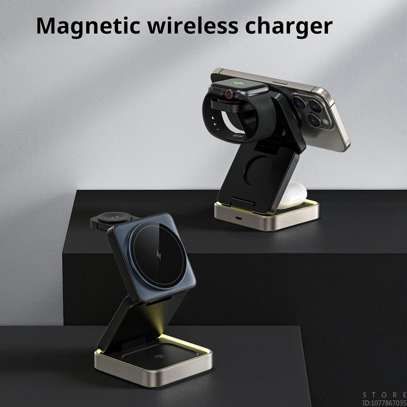 Magnetic Phone Holder Folding 3-in-1 Wireless Charging Stand Aluminum Base for IPhone 15 14pro Max,iwatch,airpods Fast Charging