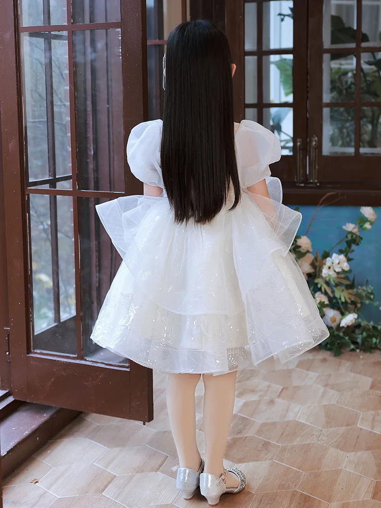 Flower Girl White Sequins Dress Children Birthday Baptism Dresses For Kids Elegant Frocks Girls Boutique Party Wear Vestidos