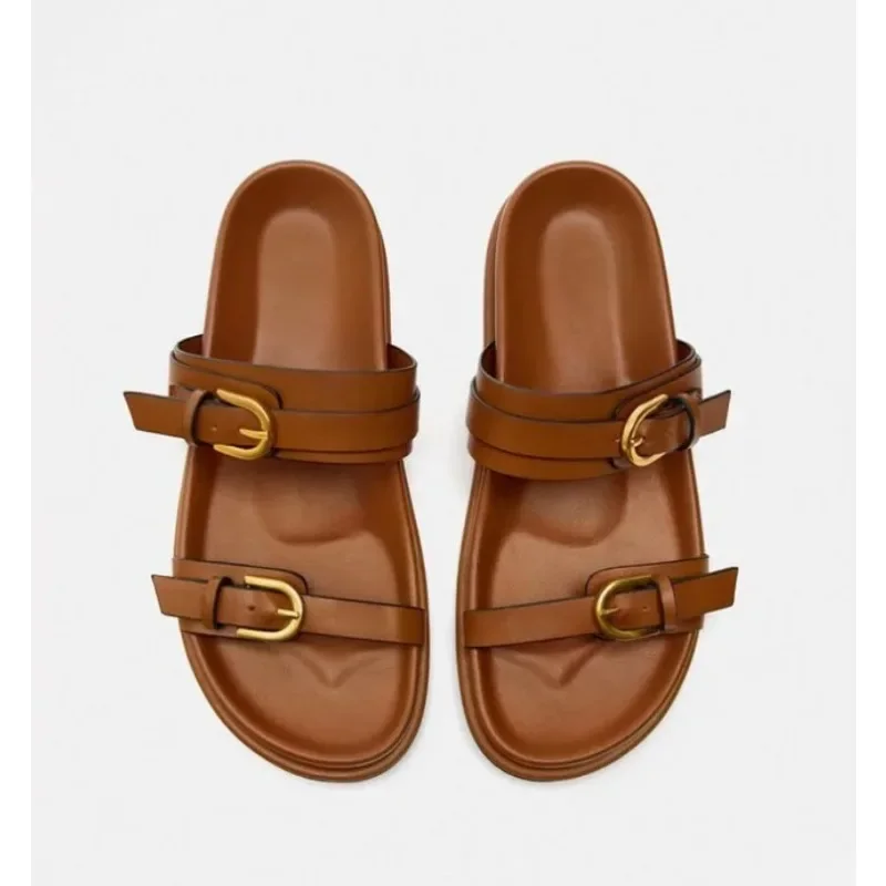 Black Flat Slingback Shoes Female Summer Straps Round Toe Shoes 2024 Sandals Metal Buckle Flat Sandals