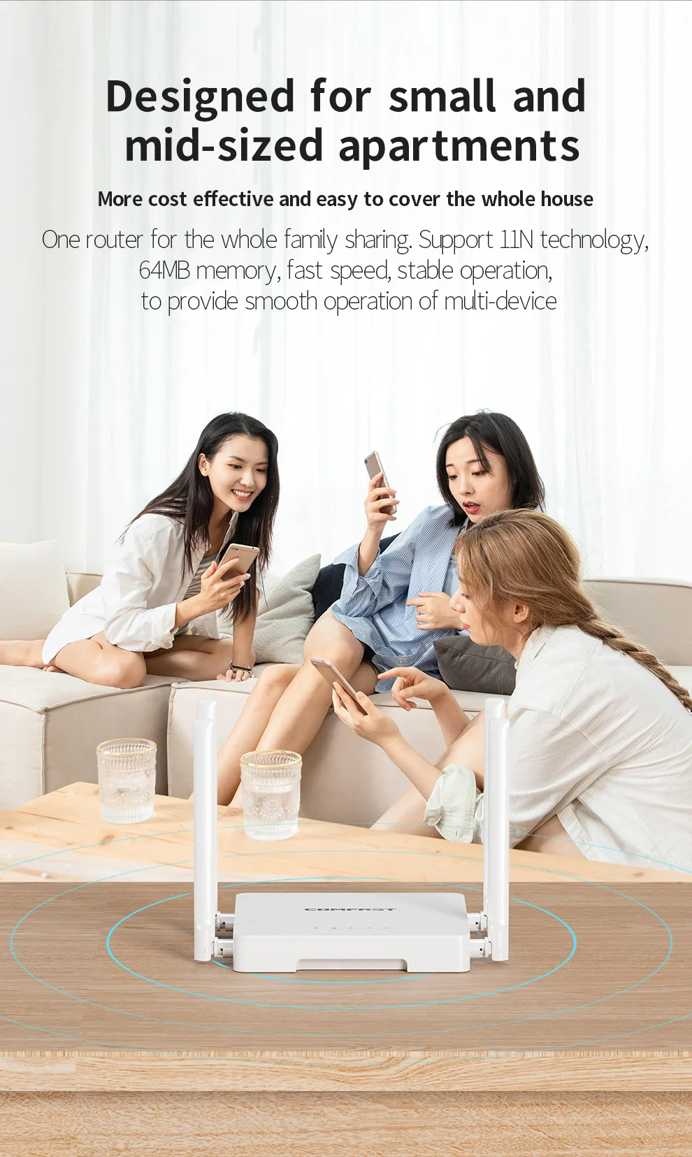 Comfast 300Mbps 2.4G Home Use WiFi Router with 4*5dBi High Gain Antennas Wider Coverage Router for Apartments Dormitory