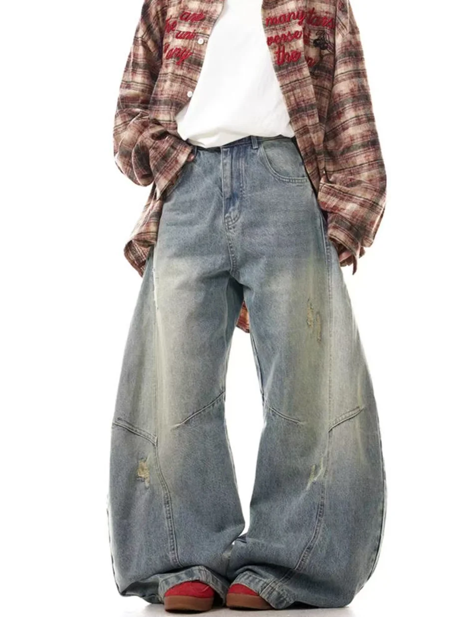 

Blue Womens Jeans High Waist Vintage Design Hip Hop Straight Baggy Denim Pants Street Y2K American Style Wide Leg Denim Trouser