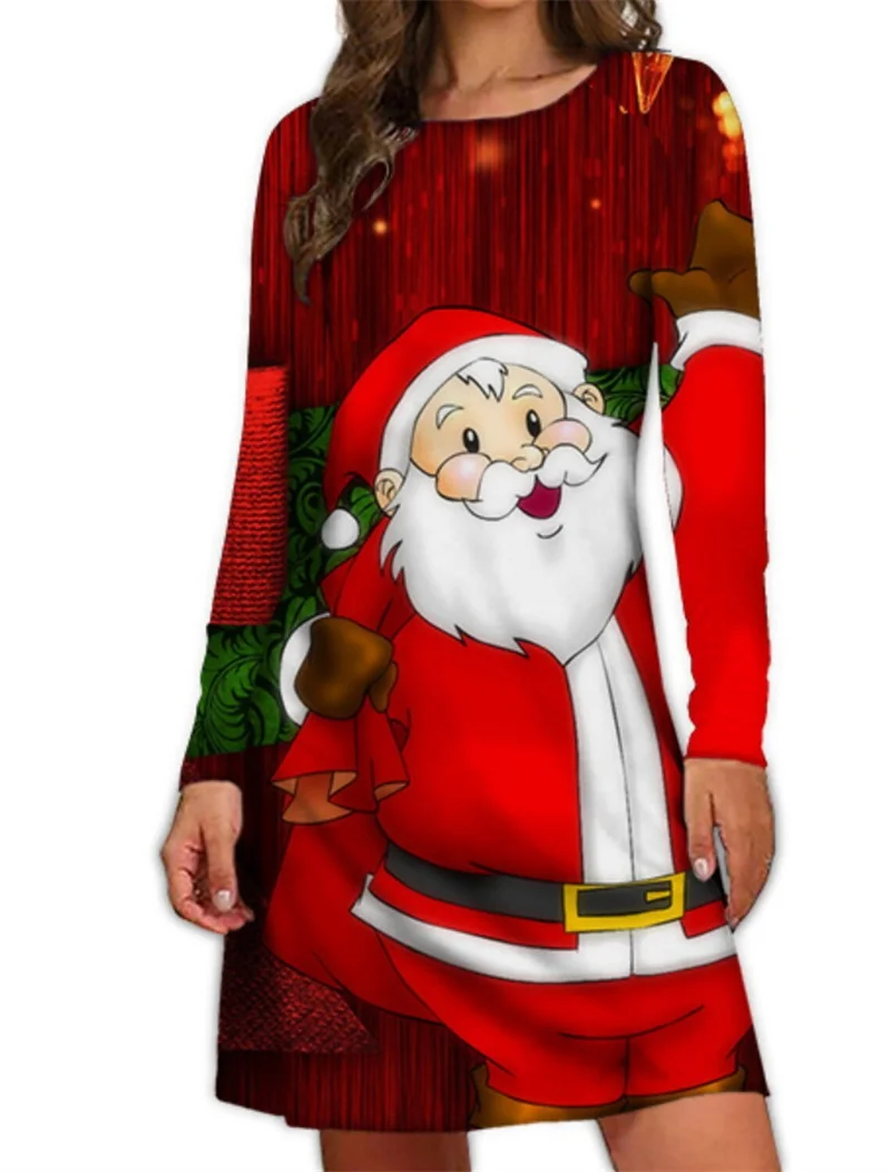 Autumn Elegant Fashion Women Dresses Winter Christmas Printed Dress O-Neck Casual Long Sleeve Santa Claus Party Mini Dress Femme