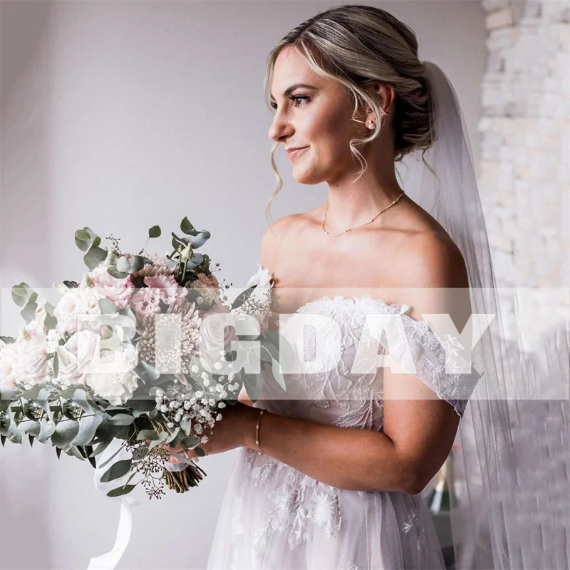 Vestido De novia elegante De línea a para mujer, blanco con espalda abierta vestido De novia, encaje, escote Corazón, hombros descubiertos, tren De barrido