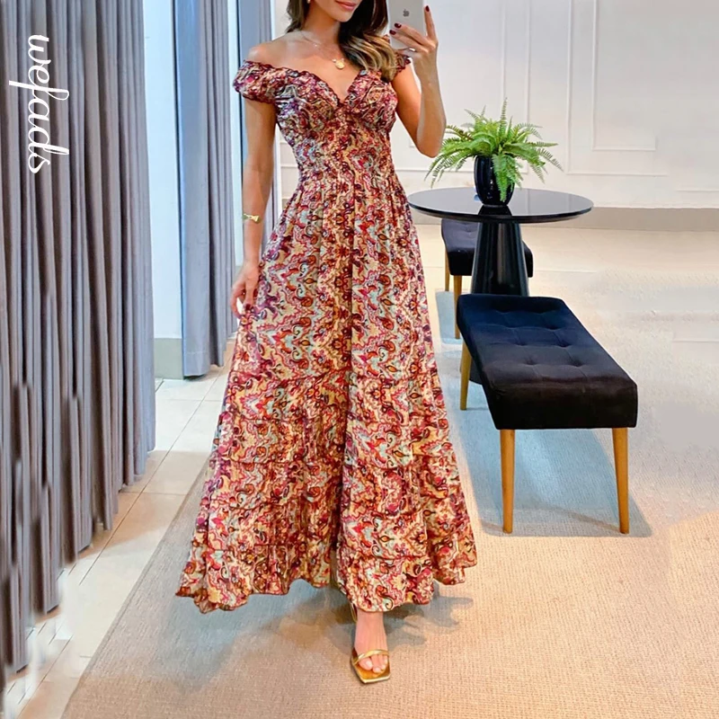 Wefads Women Maxi Dresses Summer Printed Off Shoulder V Neck Short Sleeve Pleated Nipped Waist Party Dress Elegant Holiday Gown