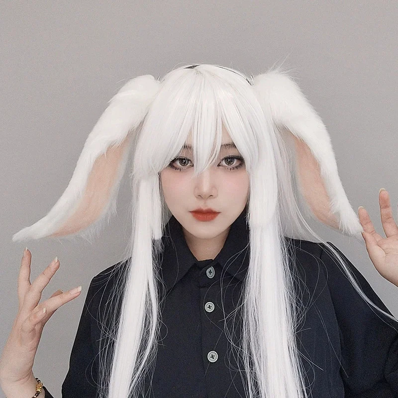 Plush Realistic Bunny Ears Headband Faux Fur Animal Ear Hairband for Cosplay Convention Lolita Hair Accessory