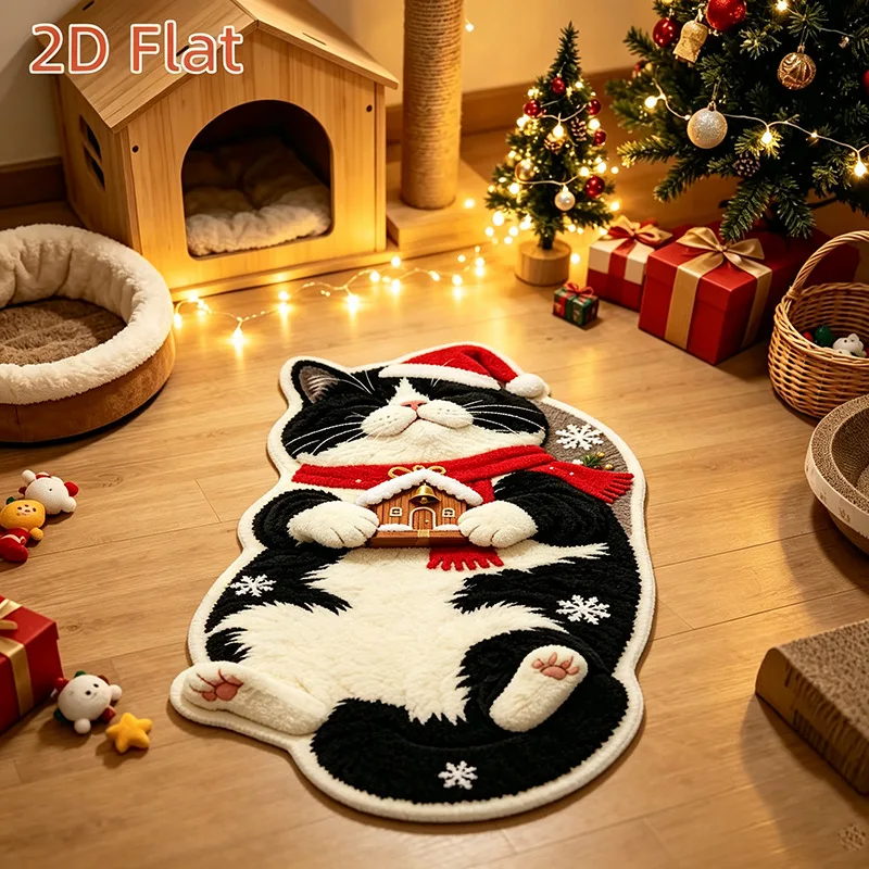 VIKAMA Black White Cat Holding Gingerbread House Rug, Soft Flannel Non Slip Absorbent Washable Bath Mat, Fluffy Quick Dry