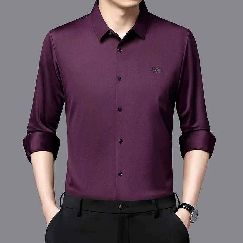 Autumn New Men's Solid Color Polo Collar Shirt Long Sleeve Shirt Business Casual Long Sleeve Seamless Men Shirt