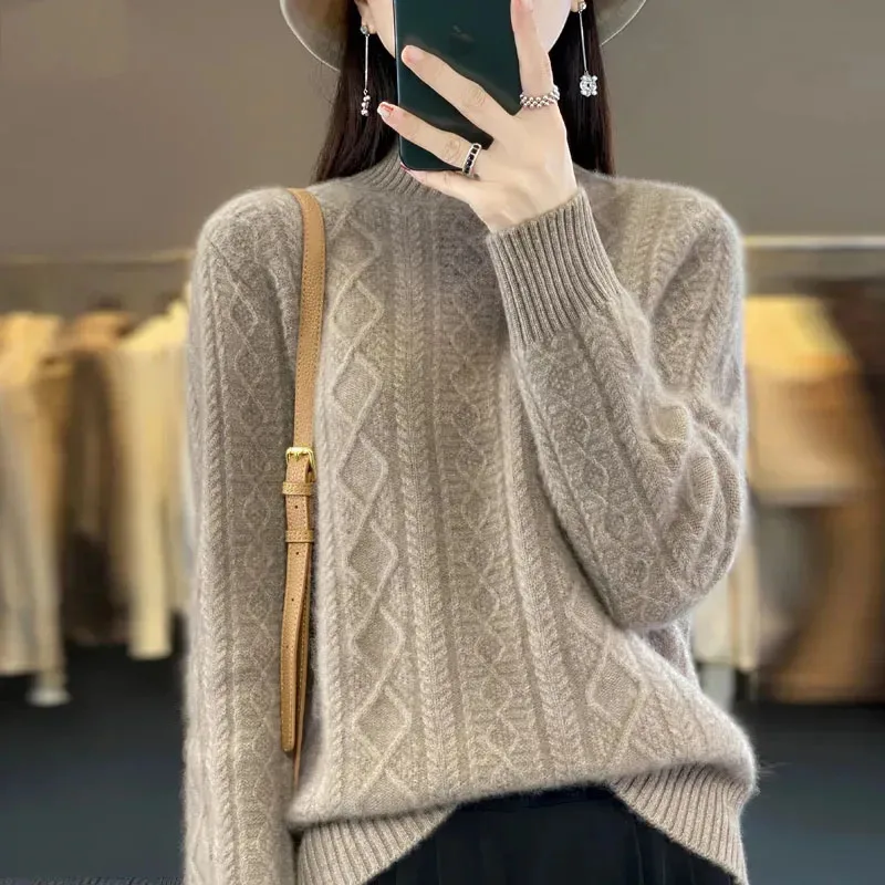 Women Wool Sweater 2024 New Autumn Half Turtleneck Knitted Pullovers Casual Solid Basic Sweaters Femael Soft Knit Jumper Full