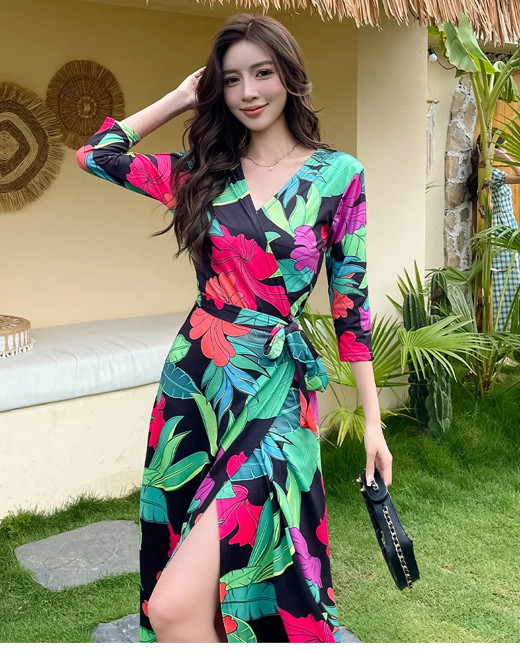 ZAROY Women Summer Floral Print Maxi Dresses V Neck Half Sleeve Belted Boho Beach Dress Vintage Evening Party Dress Vestidos