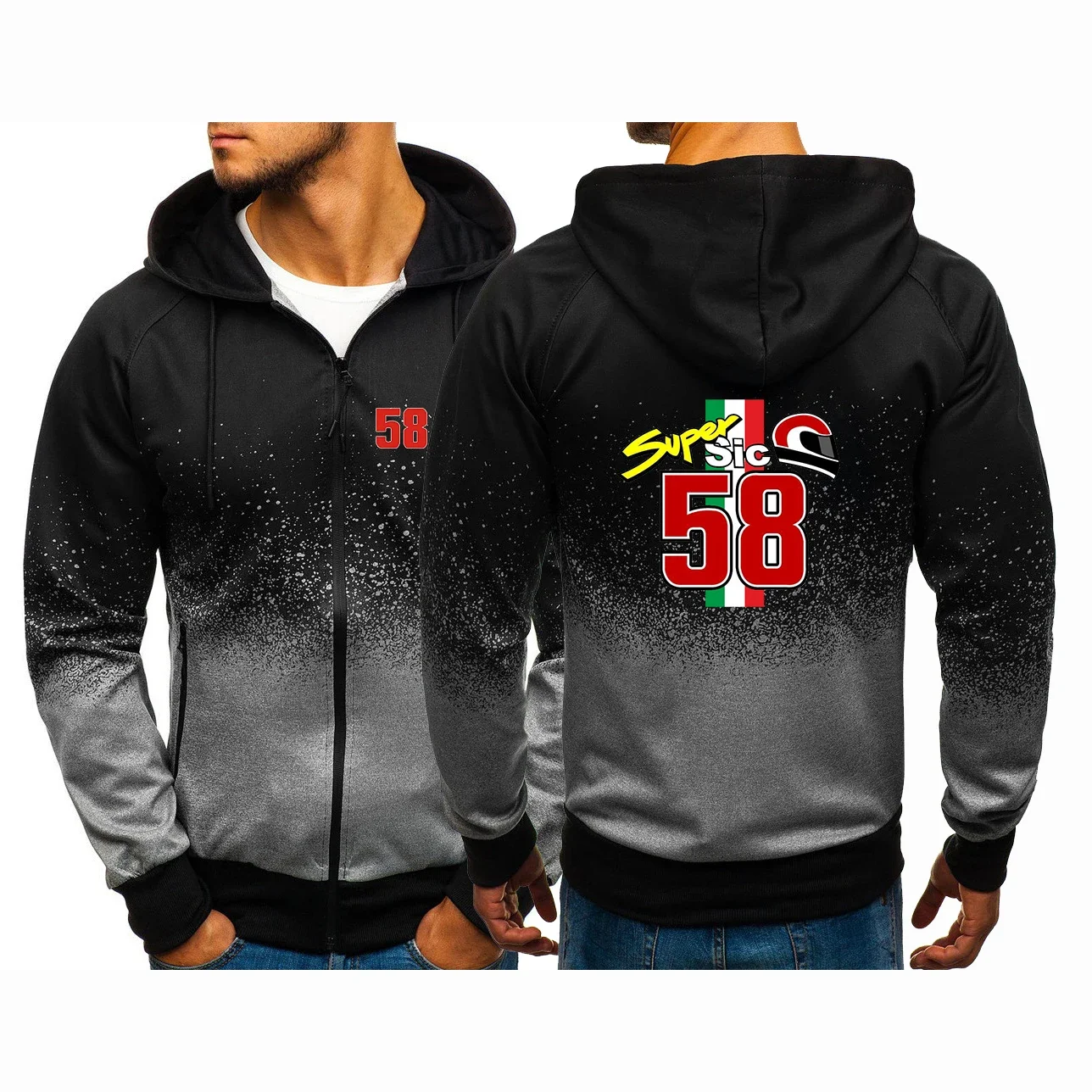 2024 Spring Autumn Men's Marco Simoncelli Super Sic 58 Logo Print Trendy Gradient Color Design Popular Hooded Jacket Zipper Coat