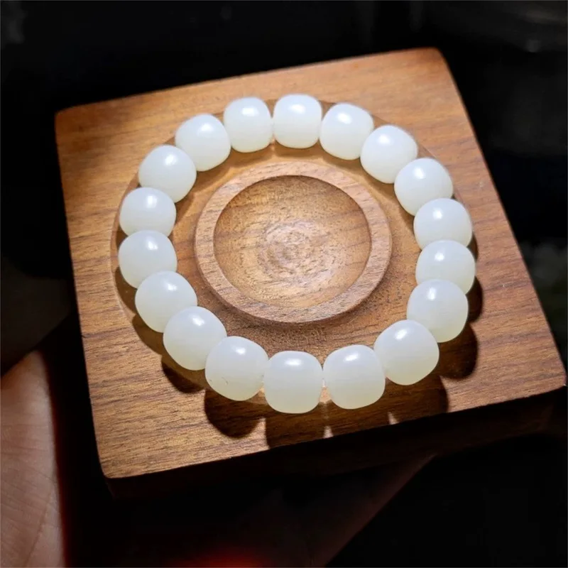 Natural Hetian , High-, 11*12 Mm, Sheep-Fat White Jade, Vintage-Style Beads, Men’S Bracelet