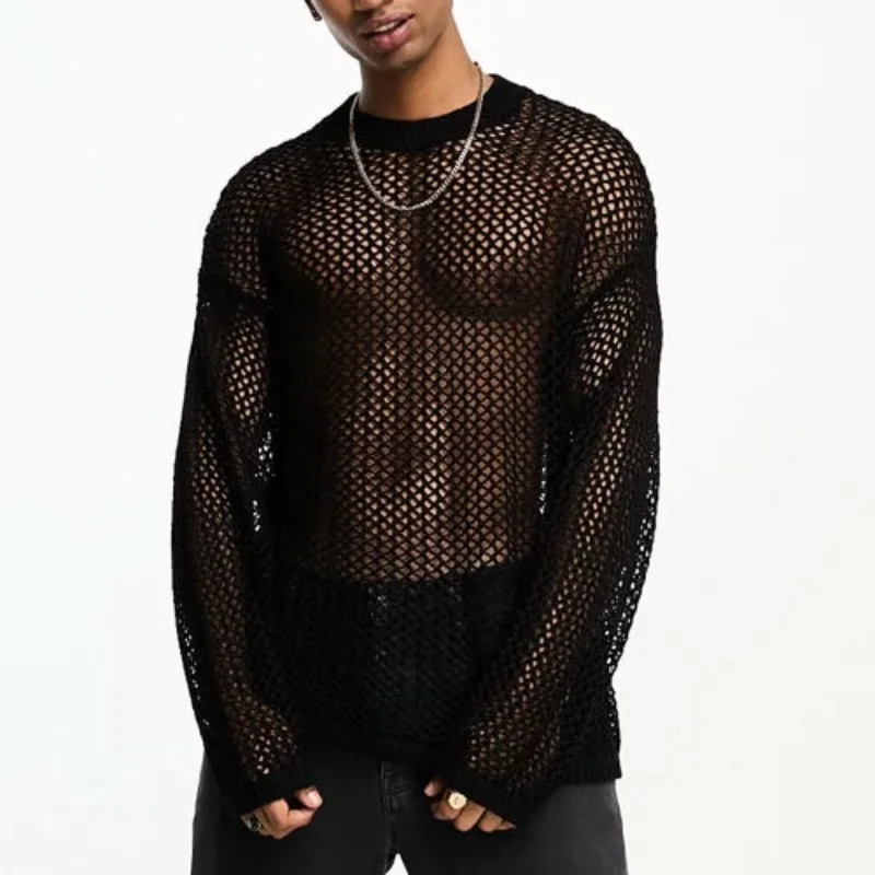 Mens Base Shirt Grid Sunscreen Long Sleeved Shoulder Drop Transparent T-shirt Woven Top Hollowed Out Knitted T-shirt for Men