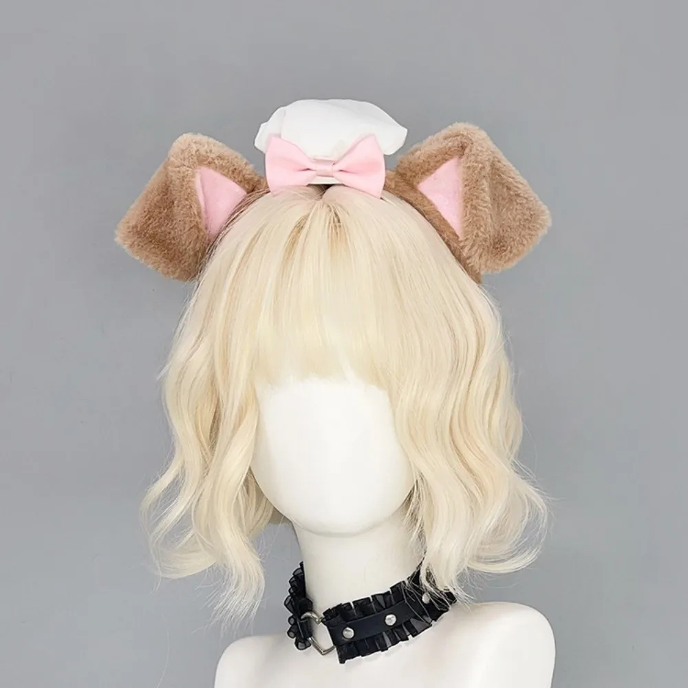 New Lolita Dog Ear Headband Fluffy Chef Cap Hair Band Lace Bow Cosplay Head Hoop Cosplay Performance