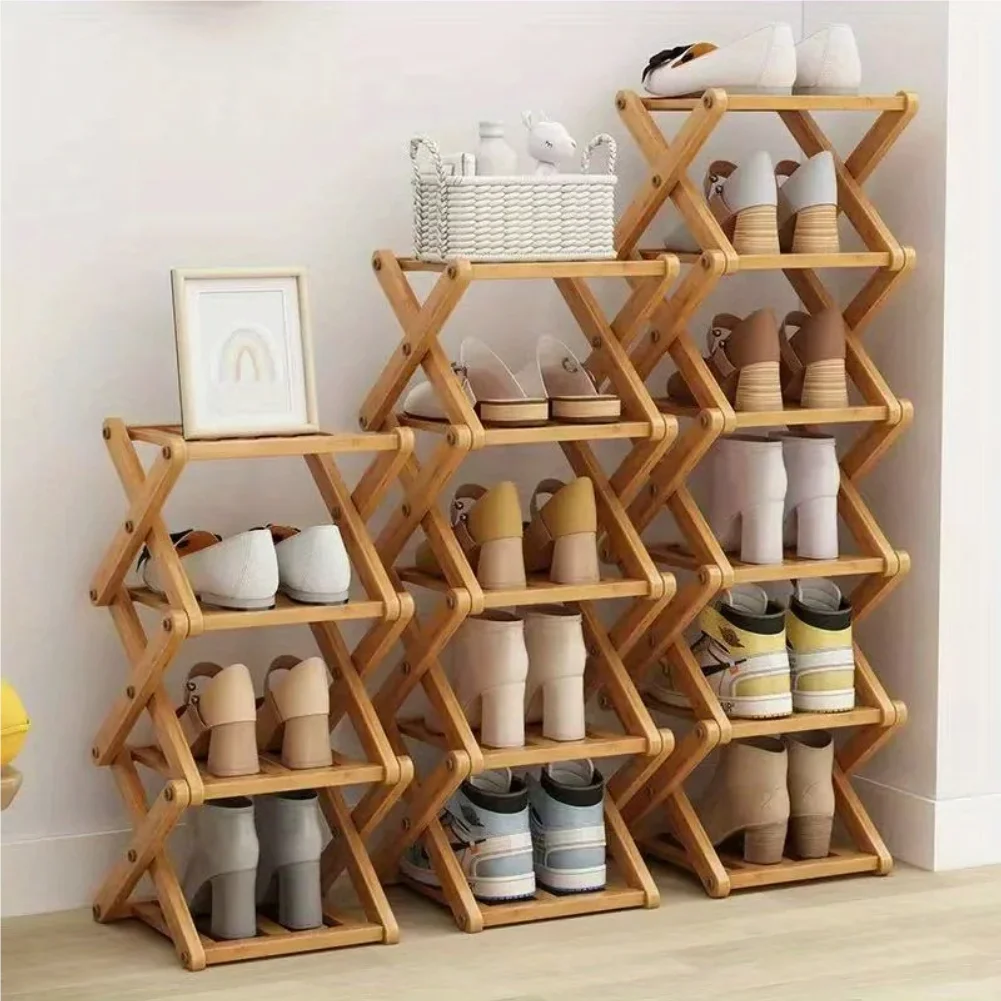 

Bamboo Shoe Rack, Foldable Space Saving Shelves for Home and Bedroom - Interior Entry Storage Free Footed Shoe Narrow Shelf