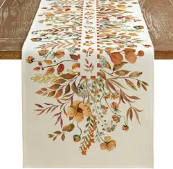 Fall Thanksgiving Linen Table Runner Dresser Scarf Autumn Wildflower Leaves Floral Table Runner Kitchen Party Dining Table Decor
