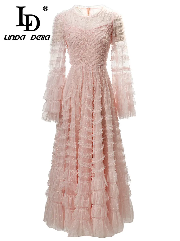 

LD LINDA DELLA Cheap Casual Vintage Dress Women's Flare Sleeve High Waist Splice Cascading Ruffle Lace Dot Elegant Party Dress