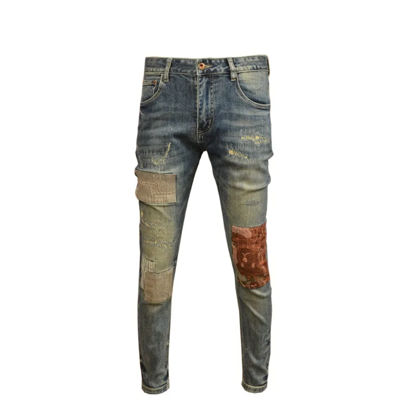 New Ripped Jeans Men'S Fashion Brand Stretch Slim Men'S Pants With Cloth Patch High Street Retro Blue Casual Denim Pants