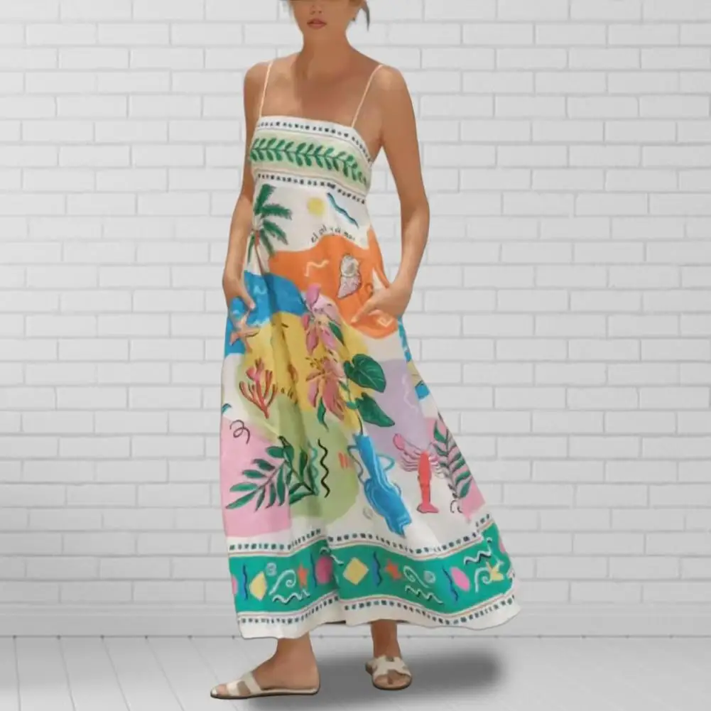 Frauen Sommerkleid Cartoon Print Spaghetti träger Maxi kleid mit Seiten taschen für Sommer Strand urlaub A-Linie Slip Kleid mit großen