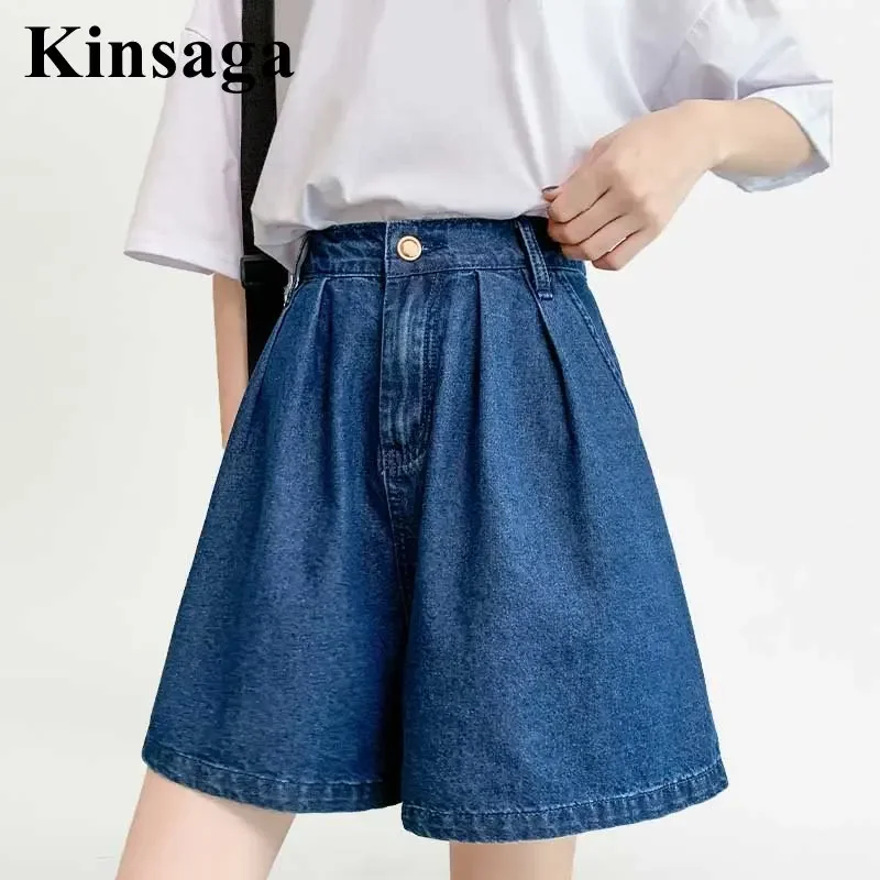 

Women Elastic Waist Loose Wide Leg Dark Blue Short Jeans 4XL Summer Y2K 90's Girl Denim Shorts Mujer Feminino Jean Korean Skort